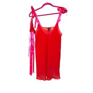 Victorias Secret Red Sheer Cami Set W/Pink Satin Ribbon Ties & Thong Size M